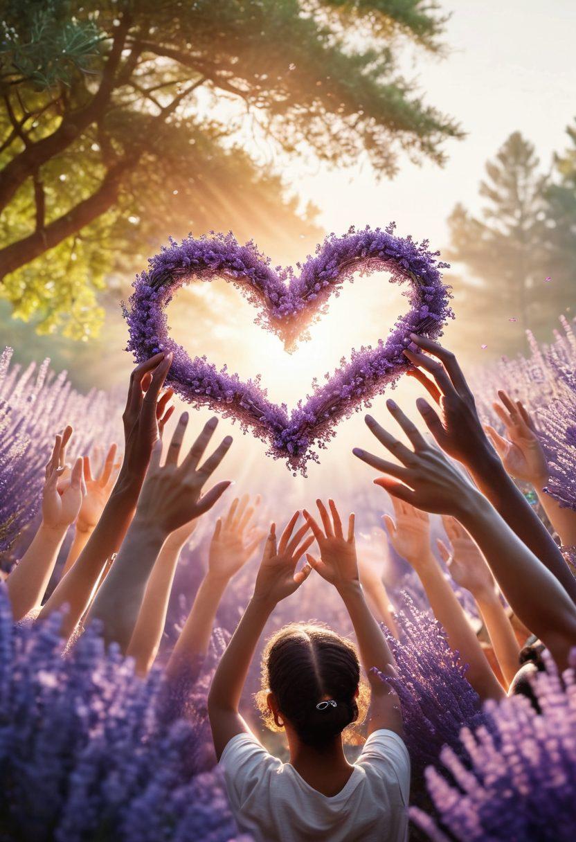 A powerful image showcasing a community gathering with diverse individuals holding up bright banners of hope and support for cancer awareness. In the foreground, a heart symbol made of intertwined hands surrounded by lavender flowers, which represent cancer awareness. Soft sunlight streaming through trees in the background adds a touch of warmth. Emotional expressions radiate positivity and resilience. vibrant colors. super-realistic.