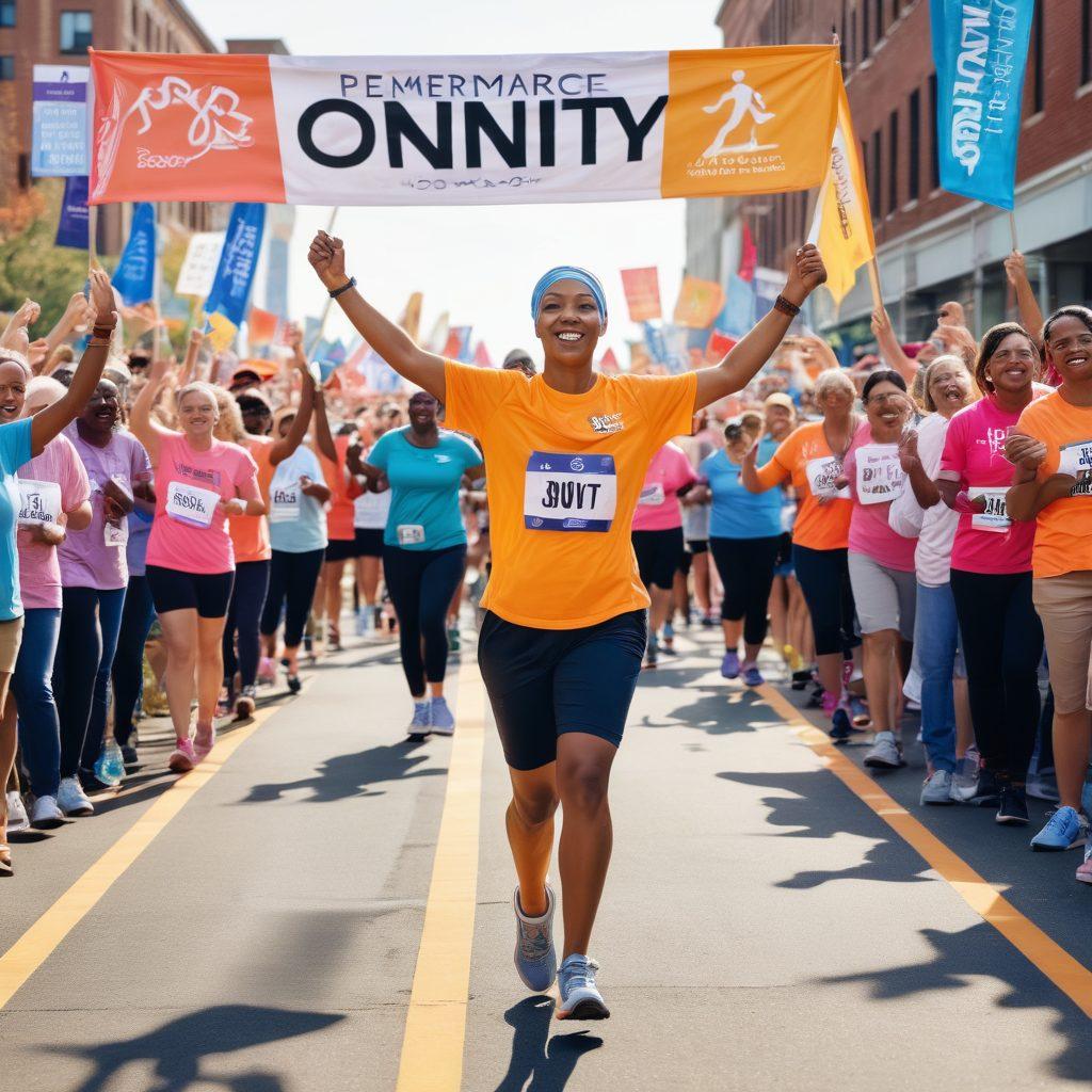 A dynamic collage showcasing a cancer survivor crossing a finish line, surrounded by supportive community members holding banners of hope and unity. Infuse elements like runners, a medical team offering care, and diverse individuals sharing stories of strength and resilience. Use uplifting colors to evoke positivity and strength. super-realistic. vibrant colors. community atmosphere.